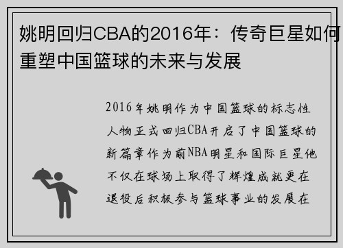 姚明回归CBA的2016年：传奇巨星如何重塑中国篮球的未来与发展